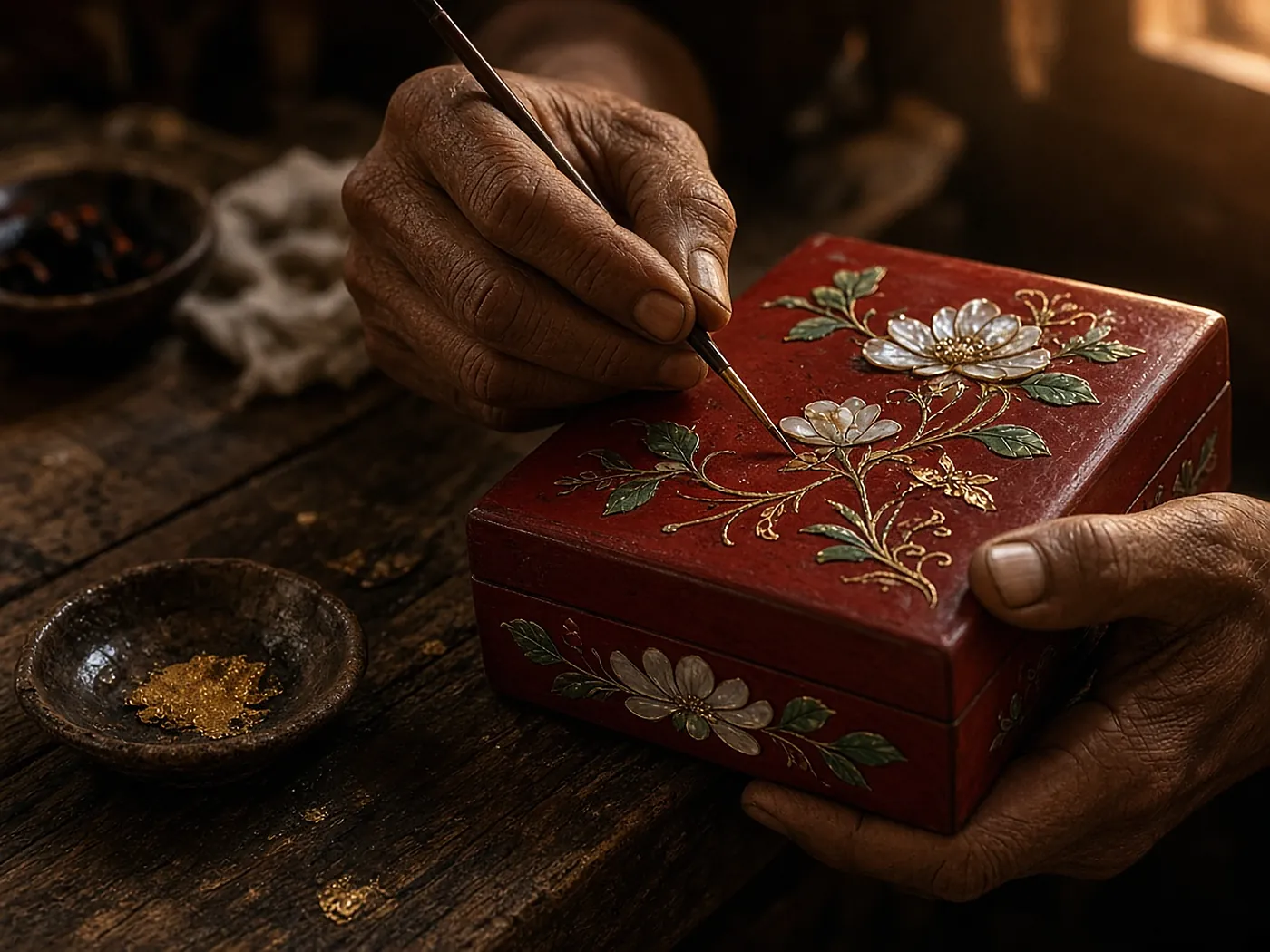 漆器描金与镶嵌工艺示意