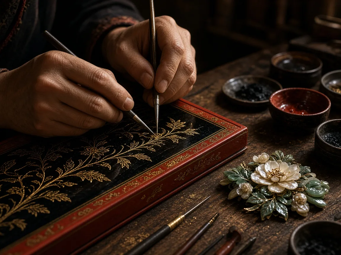 漆器描金与镶嵌工艺示意