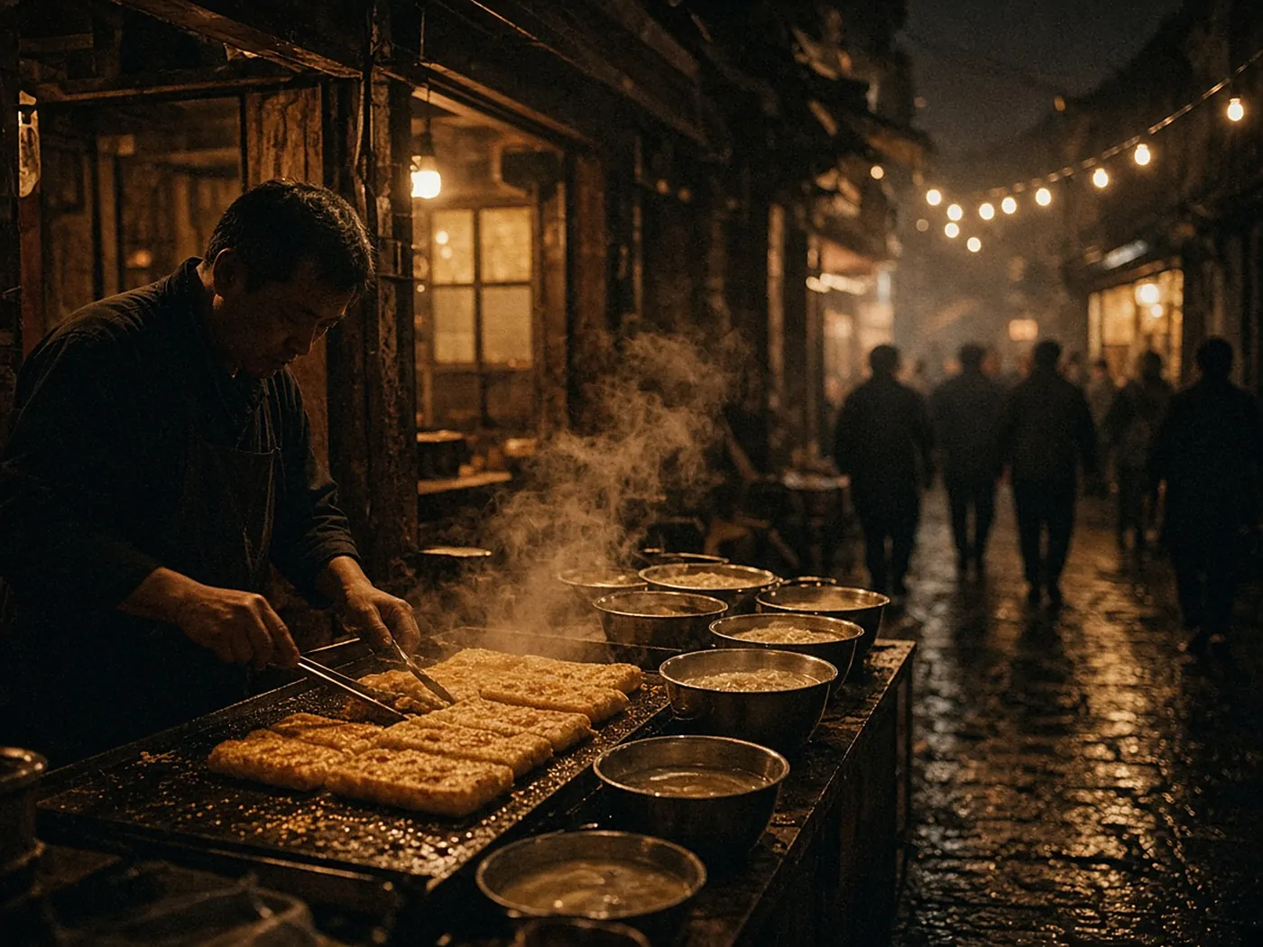 街巷小吃与热汤的夜色氛围示意